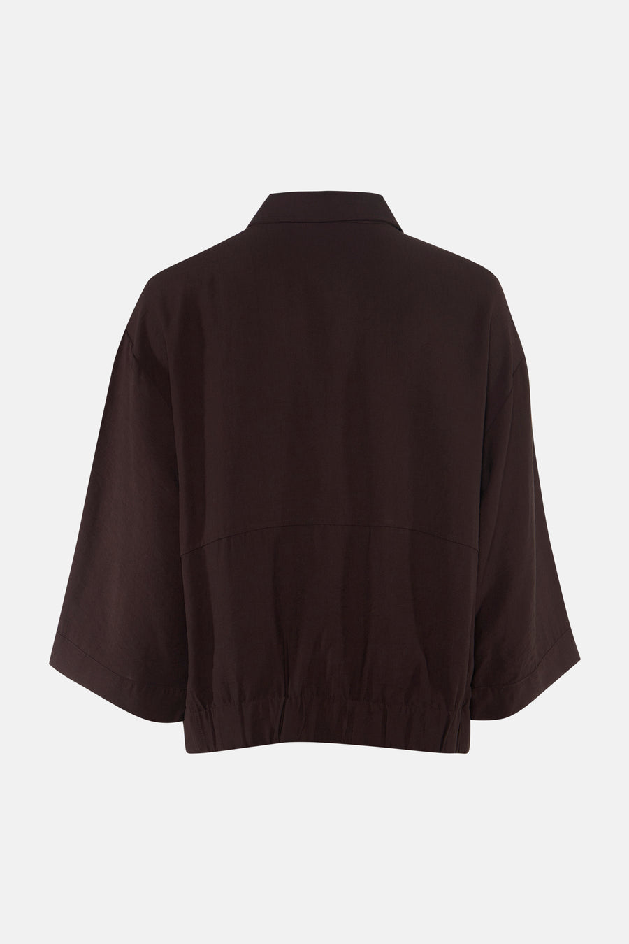 Brown long-sleeve blouse with relaxed fit and gathered hem, back view, smooth fabric texture