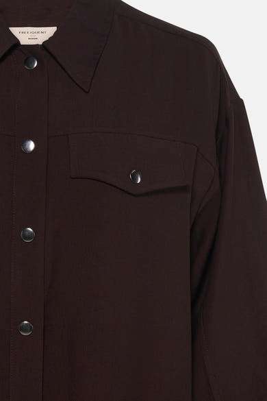 Brown long-sleeve blouse by FREE/QUENT with silver buttons and chest pocket, close-up front view