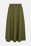 Olive green pleated midi skirt with elastic waistband, front view, casual style