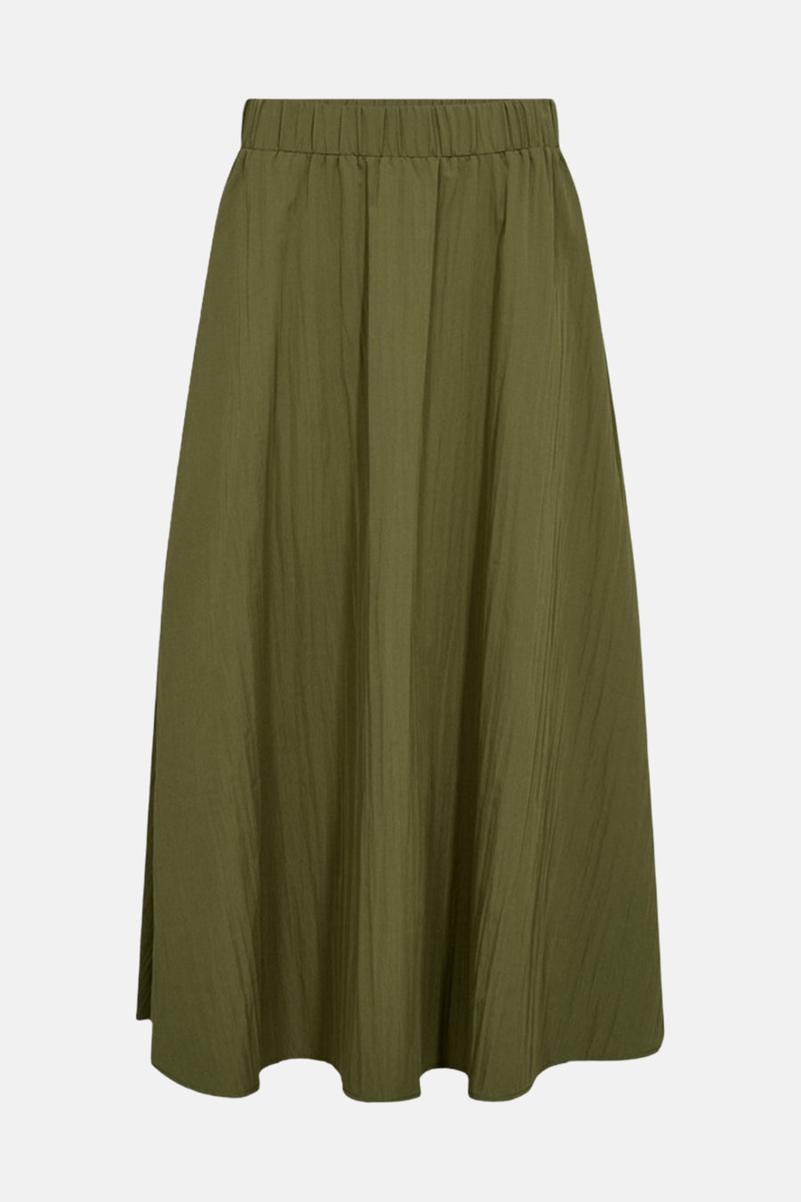 Olive green pleated midi skirt with elastic waistband, front view, casual style
