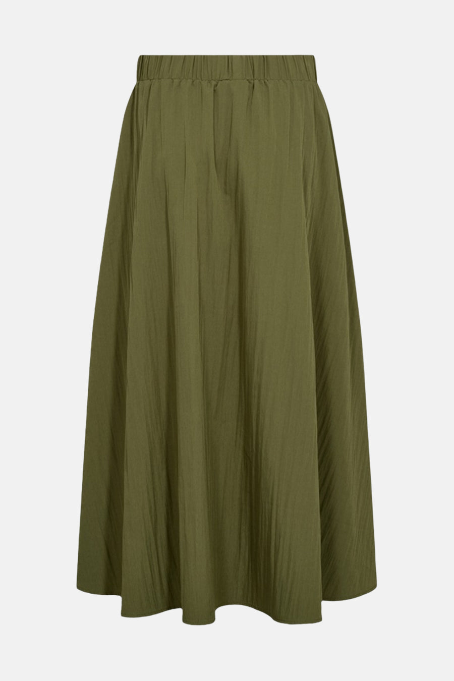 Olive green casual midi skirt with elastic waistband and flowing crinkled fabric, front view