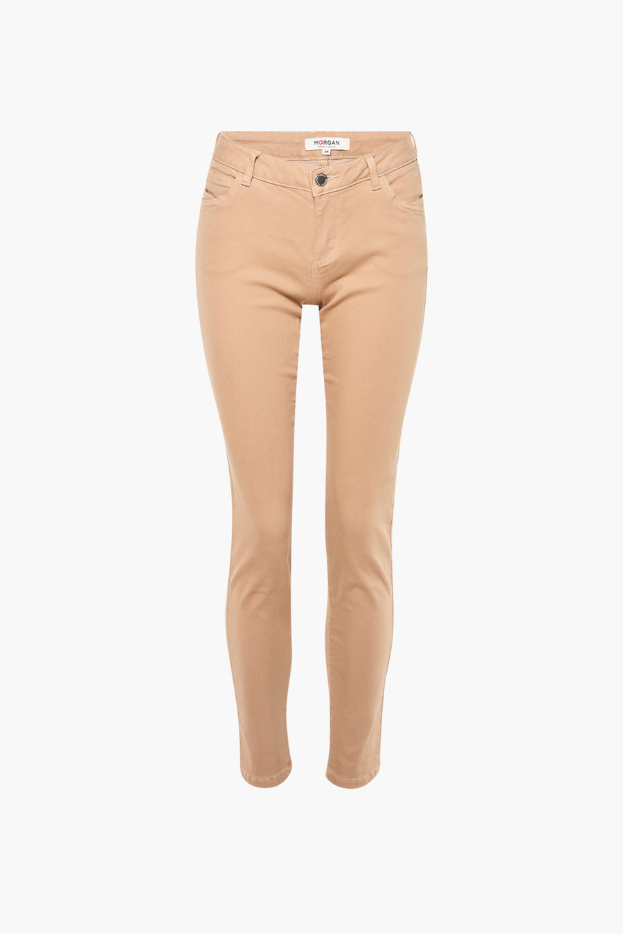 Pantalon beige de Morgan de Toi, coupe ajustée, poches avant et arrière, fermeture boutonnée.