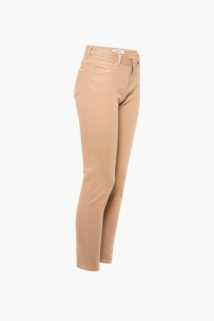Pantalon beige de Morgan de Toi, coupe droite, avec détails de couture et fermeture éclair visible.