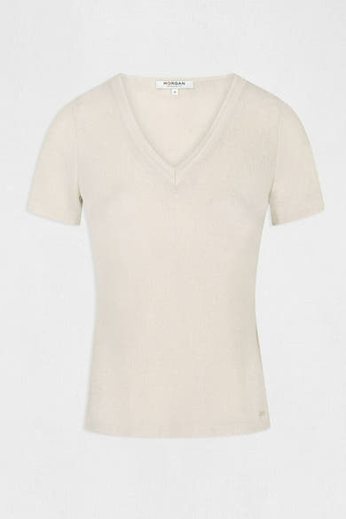 T-shirt beige à manches courtes de Morgan de Toi, avec un col en V.