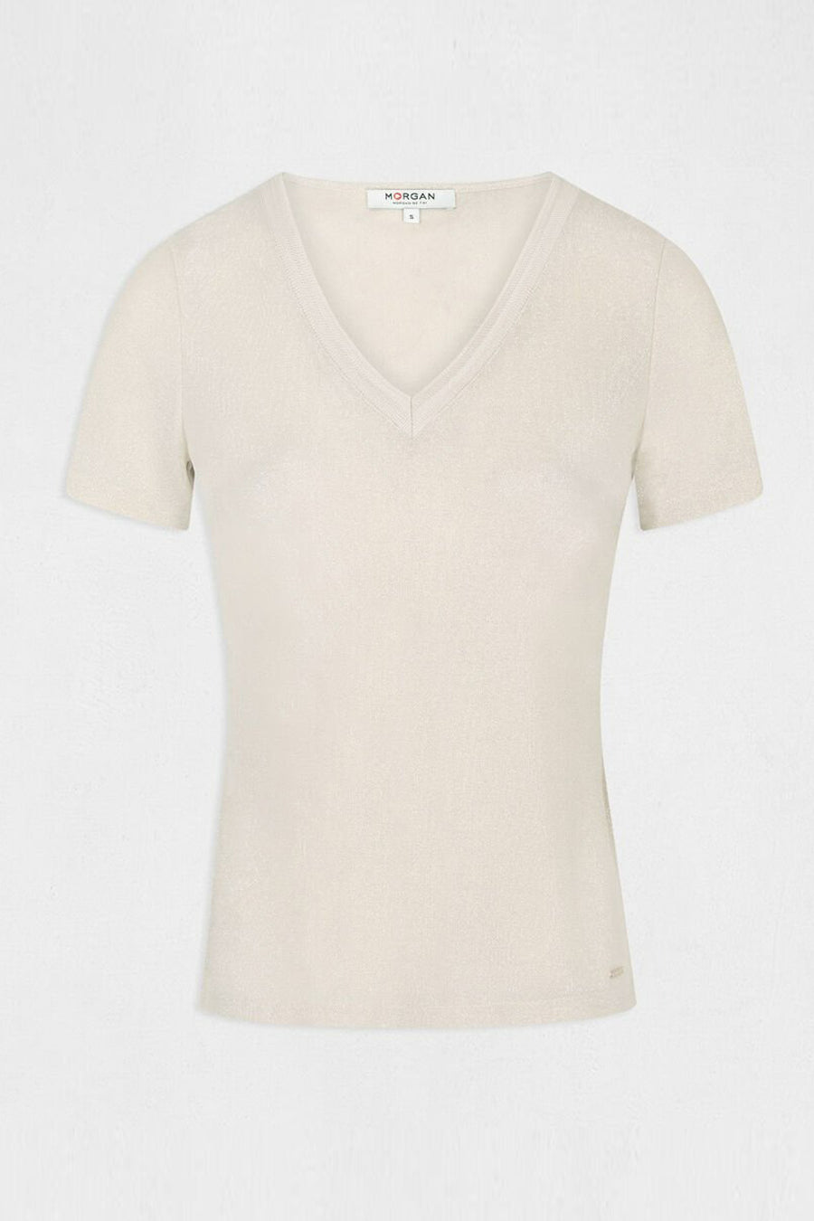 T-shirt beige à manches courtes de Morgan de Toi, avec un col en V.