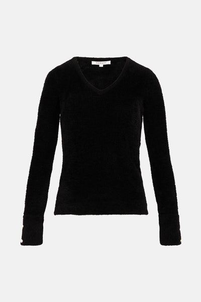 Pull noir à col en V de Morgan, en maille duveteuse avec boutons décoratifs aux poignets.

