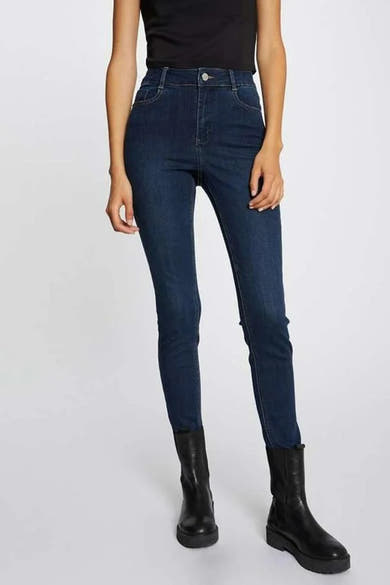 Donkerblauwe skinny jeans van Morgan de Toi, hoge taille, in effen denim.