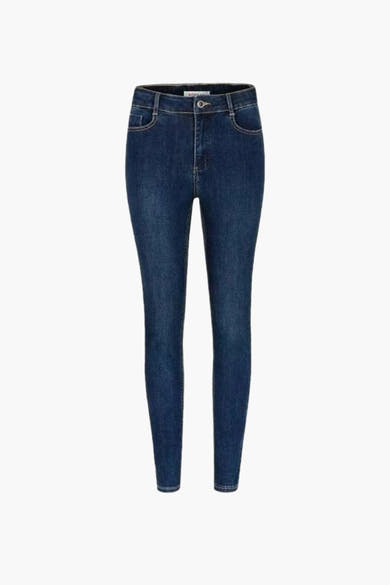 Jean skinny en denim bleu foncé de Morgan de Toi, coupe ajustée, poches avant et arrière visibles.
