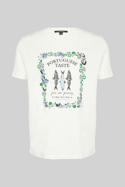 Wit T-shirt met korte mouwen van Comma, met decoratief Portugees sardine- en bloemenpatroon.