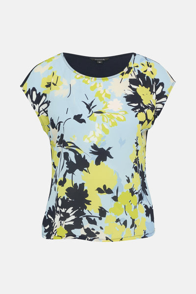 Multikleurige blouse met korte mouwen van COMMA, met bloemenprint, met een marineblauwe ronde hals.