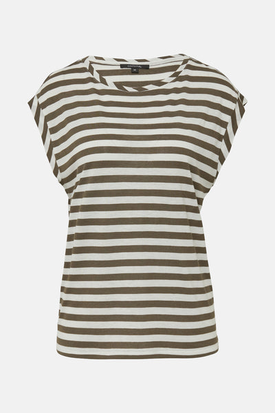 T-shirt kaki à rayures, de COMMA, avec des manches courtes droites et un col rond.