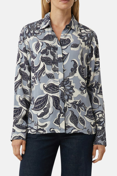 Blauwe blouse met lange mouwen van COMMA, met decoratief paisley-patroon en knoopsluiting.