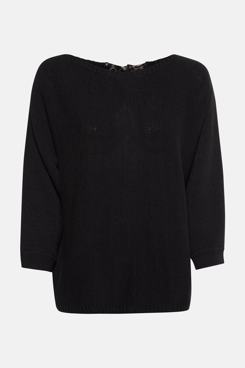 Pull col rond noir de COMMA, en maille fine, avec manches trois-quarts.
