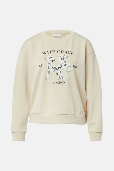 Beige sweatshirt van COMMA, met een grafische print en de tekst "With Grace London".