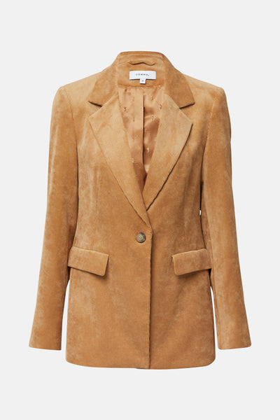 Blazer cognac en velours côtelé de COMMA, avec un bouton et des poches plaquées.
