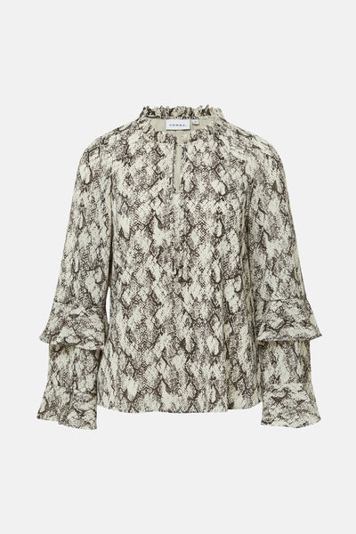 Multikleurige blouse met lange mouwen van COMMA, met slangenprint en decoratieve ruches.