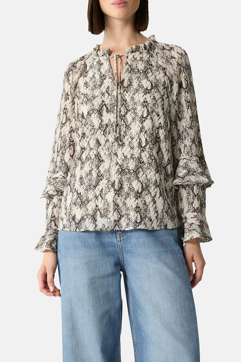 Multikleurige blouse met lange mouwen van COMMA, met slangenprint, ruches aan de mouwen en koorden.