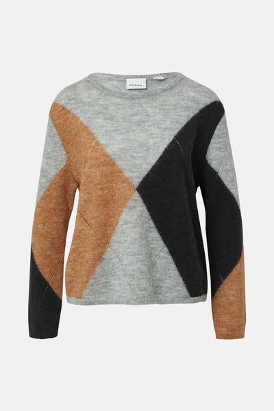 Pull à col rond multicolore de COMMA, avec motif losanges contrastants gris, marron et noir.