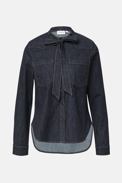 Donkerblauwe denim blouse met lange mouwen van COMMA, met strikdetail bij de hals en opgestikte zakken.