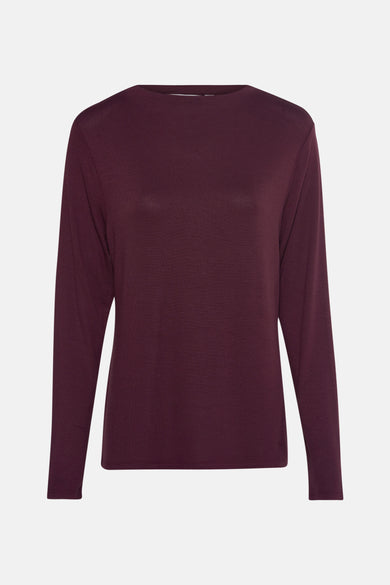 Bordeaux T-shirt met lange mouwen van COMMA, in fijne ribgebreide stof, met een klassieke ronde hals.