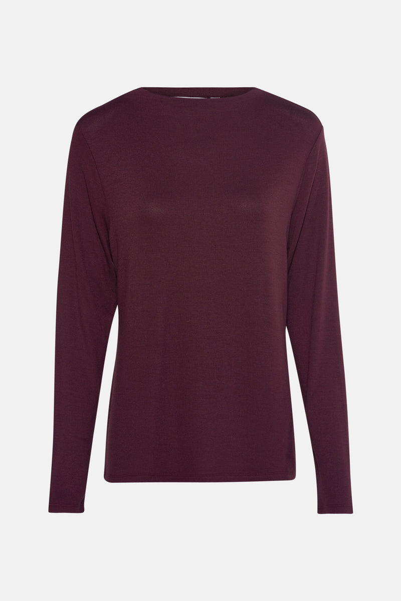 Bordeaux T-shirt met lange mouwen van COMMA, in fijne ribgebreide stof, met een klassieke ronde hals.