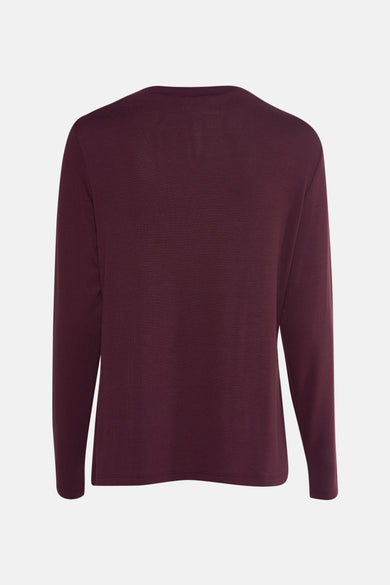 Bordeaux T-shirt met lange mouwen van COMMA, in fijne tricot, van achteren getoond.