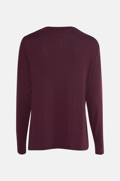 Bordeaux T-shirt met lange mouwen van COMMA, in fijne tricot, van achteren getoond.