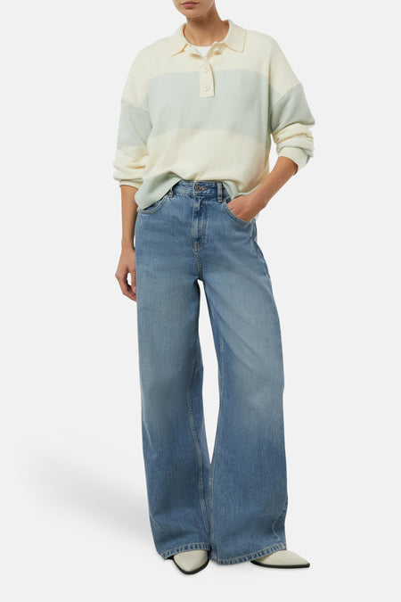 Pull multicolore par COMMA, avec un motif à rayures horizontales et un col polo à boutons.