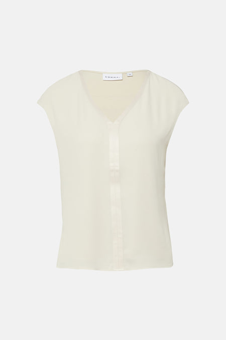 Top uni korte mouwen beige van COMMA, met een verticale knoopstreng in dezelfde kleur.