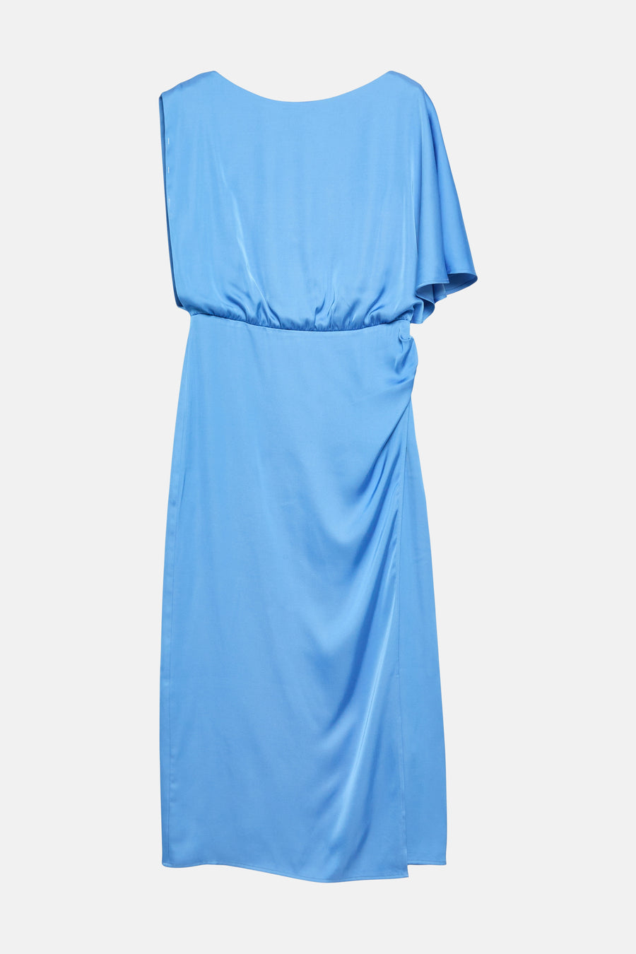 Blauwe asymmetrische jurk van COMMA, gedrapeerd aan de voorkant, in gladde satijnen stof.