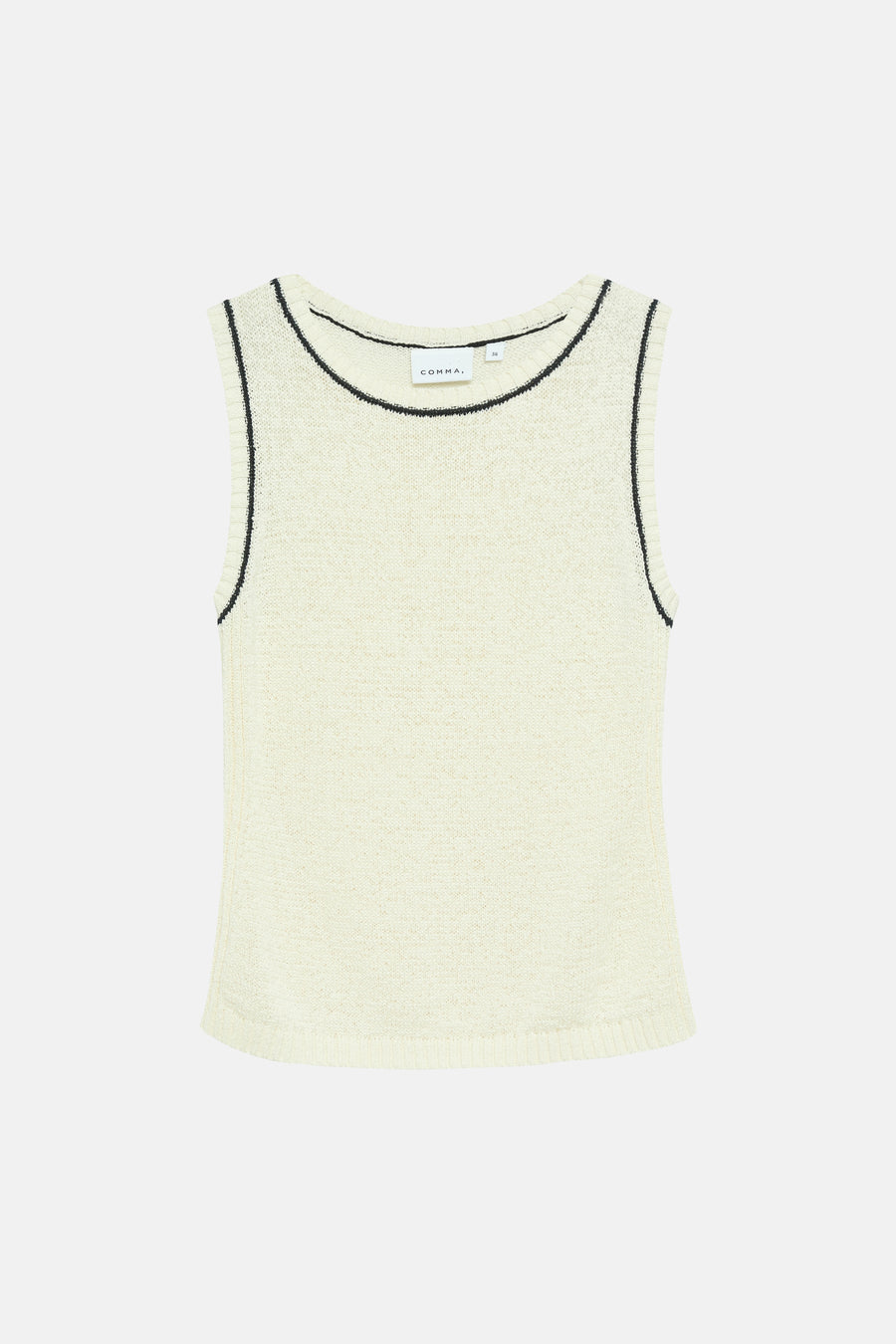 Beige mouwloos topje van COMMA, met contrasterende zwarte biezen bij de halslijn en armsgaten.