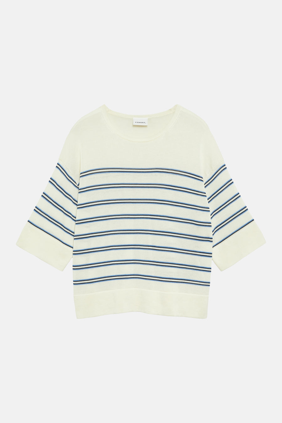 Multikleurige ronde hals trui van COMMA, met een marineblauw en lichtblauw horizontaal gestreept patroon.
