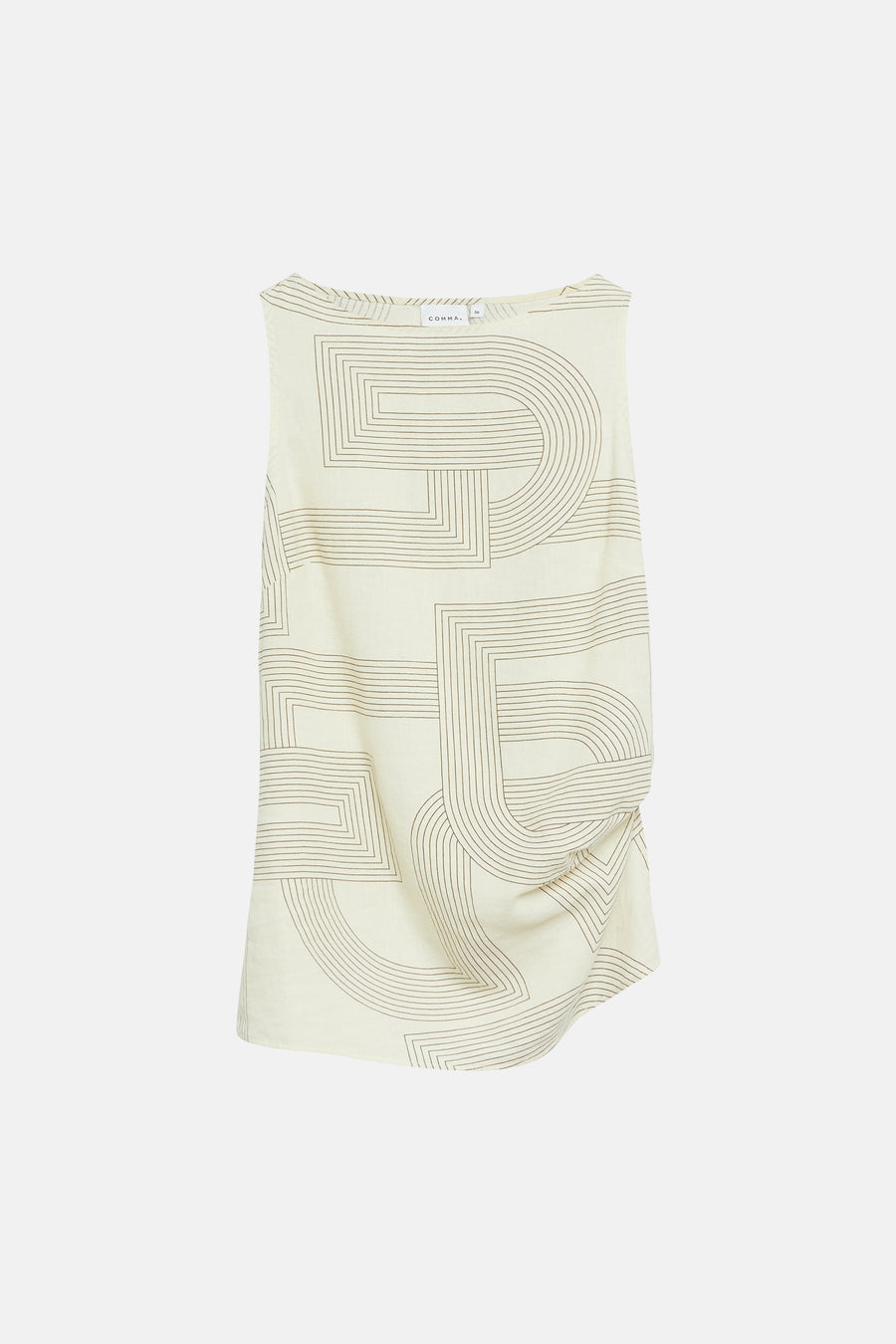 Blouse beige de COMMA à col bateau et motif géométrique de lignes marron, posée à plat.