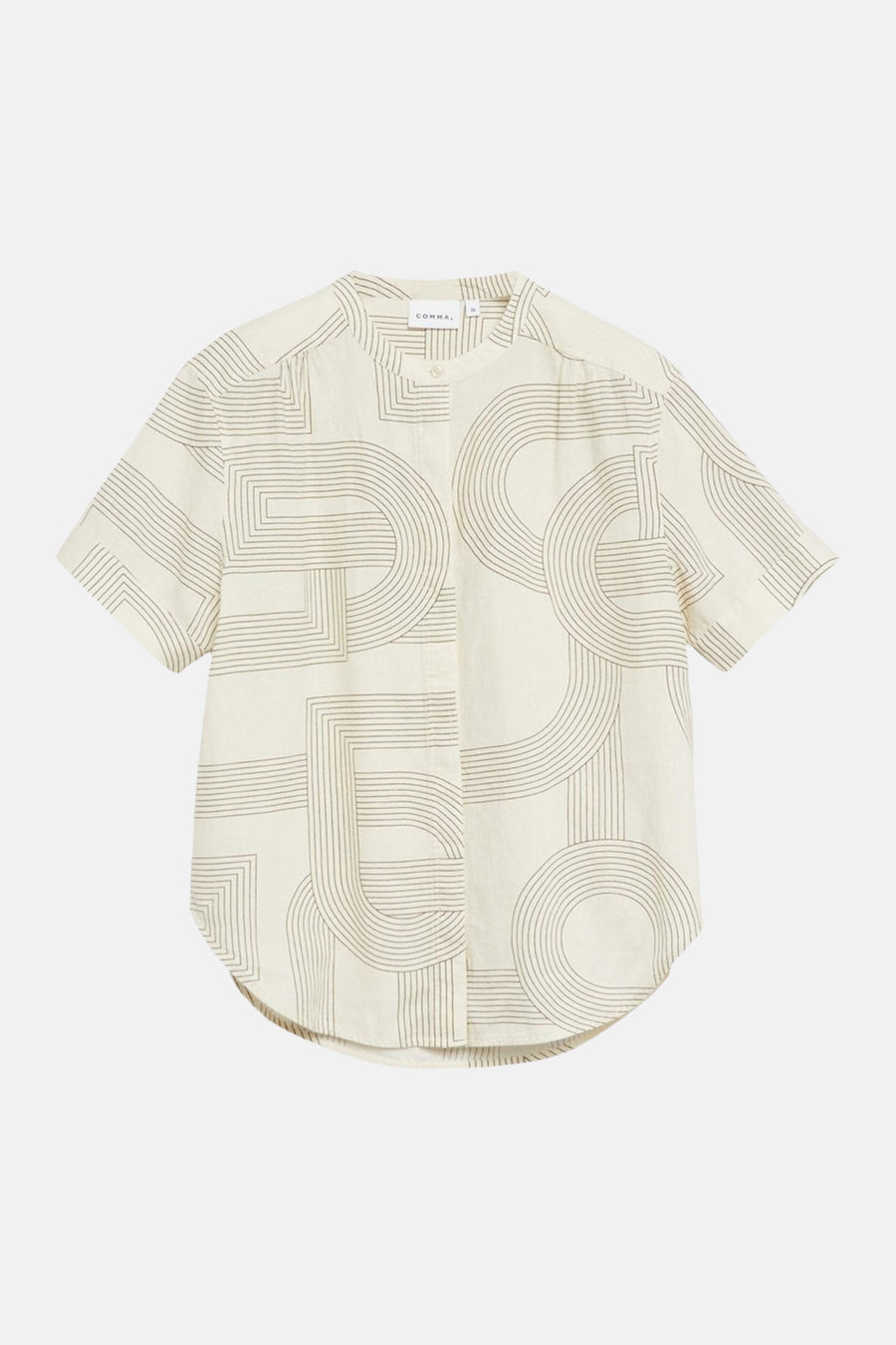 Blouse beige à manches courtes de COMMA avec un motif géométrique de lignes et arcs, col officier et ourlet arrondi.