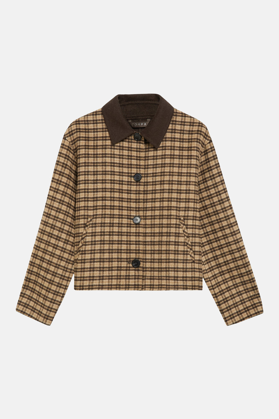 Multicolored plaid short jacket by COMMA with brown collar, front buttons, and side pockets, front view