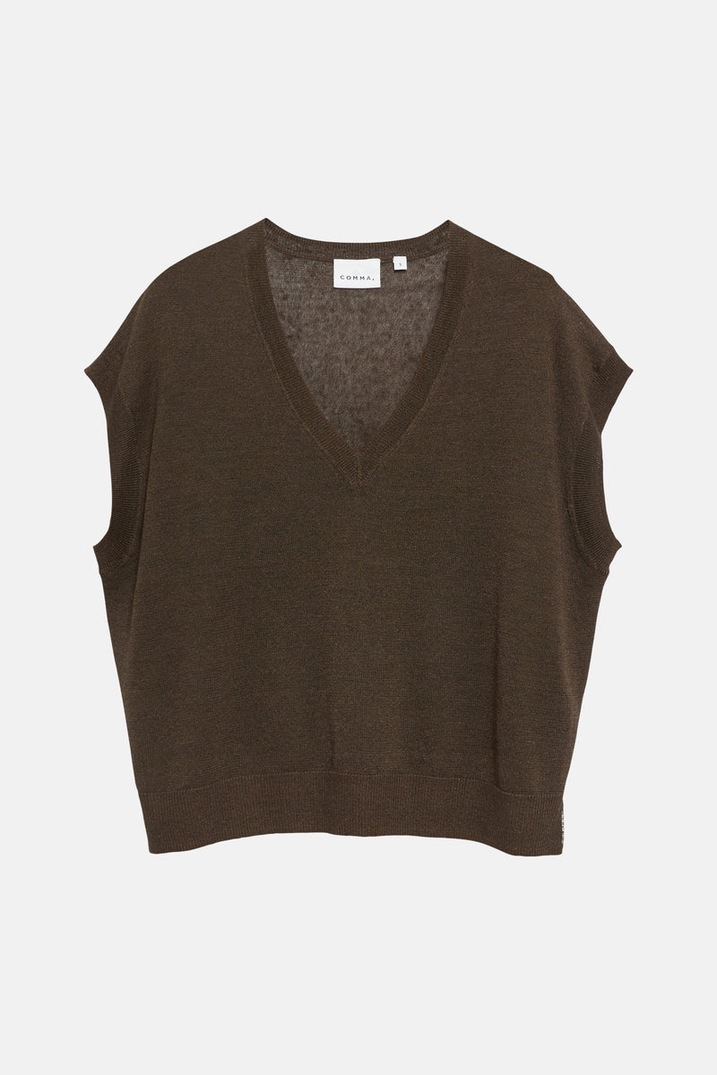 Pull col V brun de COMMA en maille fine sans manches.