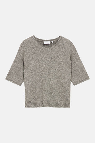 Brown marled knit round-neck sweater by COMMA, featuring short sleeves and ribbed hem, front view