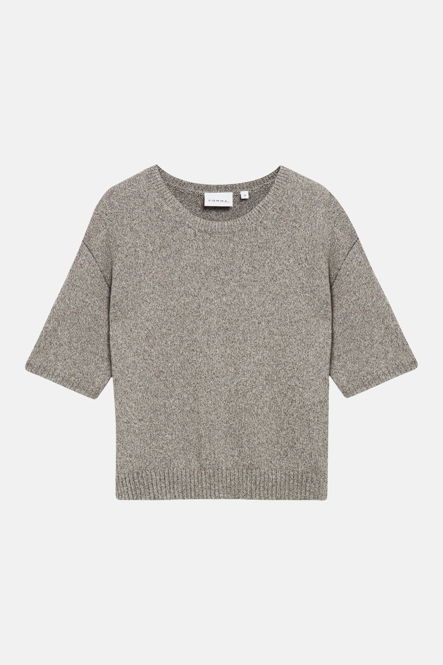 Brown marled knit round-neck sweater by COMMA, featuring short sleeves and ribbed hem, front view