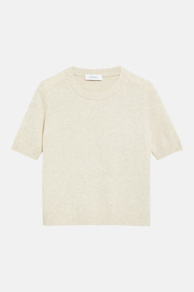 Beige short-sleeve round-neck sweater by COMMA, featuring ribbed cuffs and hem, soft knit texture, front view