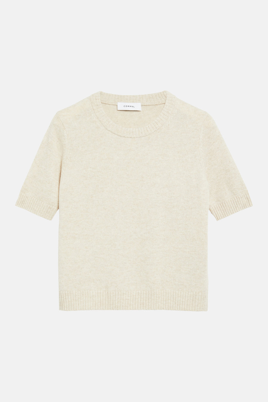 Beige short-sleeve round-neck sweater by COMMA, featuring ribbed cuffs and hem, soft knit texture, front view