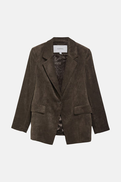 Brown corduroy blazer by COMMA, featuring notched lapels, single button closure, and flap pockets, shown front view.