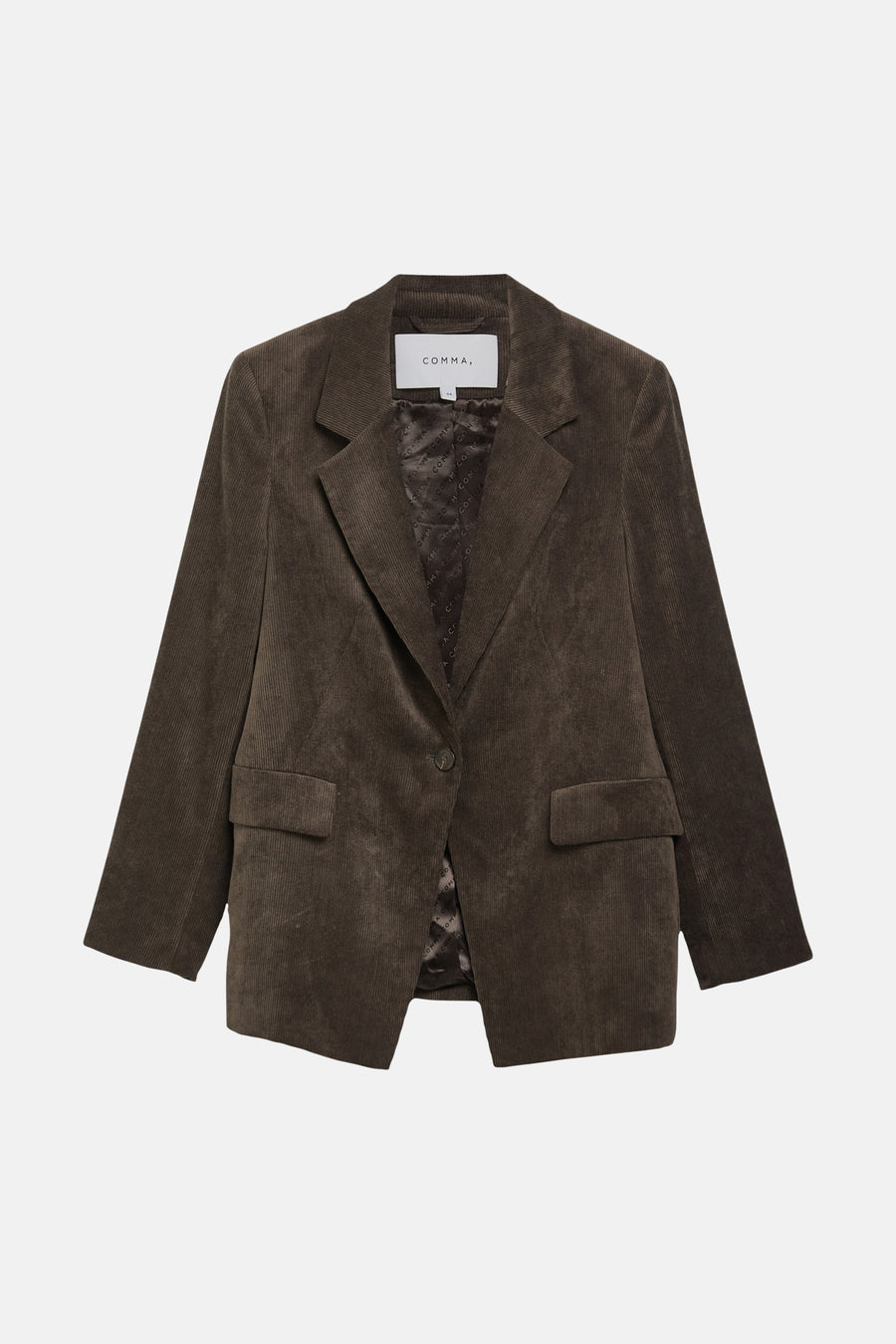 Brown corduroy blazer by COMMA, featuring notched lapels, single button closure, and flap pockets, shown front view.