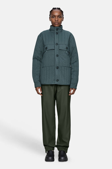 Dark green quilted women's puffer jacket with stand collar and front buttons, worn with olive pants and black shoes, full-length front view