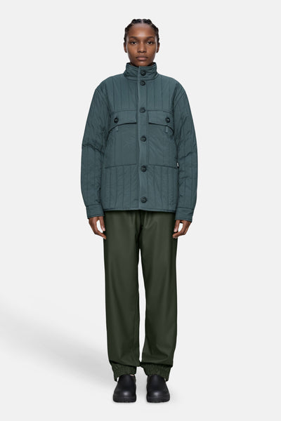 Dark green quilted women's puffer jacket with stand collar and front buttons, worn with olive pants and black shoes, full-length front view