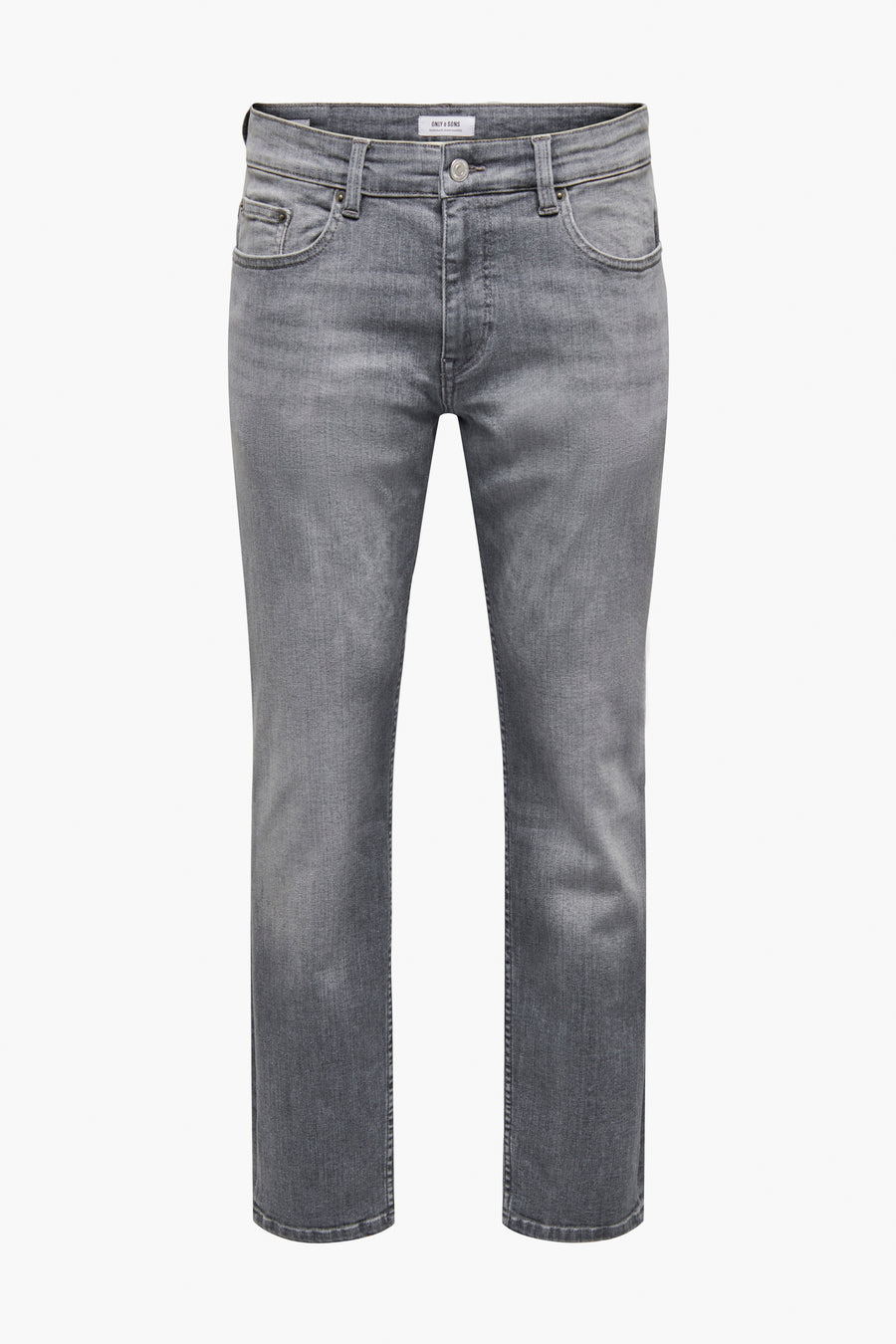 Lichte grijze straight jeans van ONLY & SONS, regular fit, egale wassing en subtiele details.