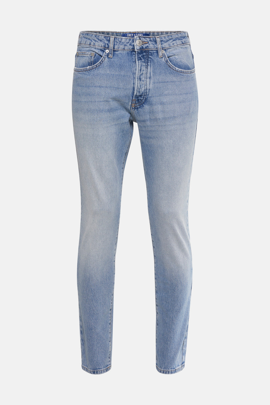 Lichtblauwe skinny jeans van ONLY & SONS, met contrasterende stikseldetails en versleten afwerkingen.
