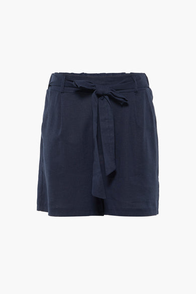 Navy blue cotton shorts with front tie waist and relaxed fit, front view