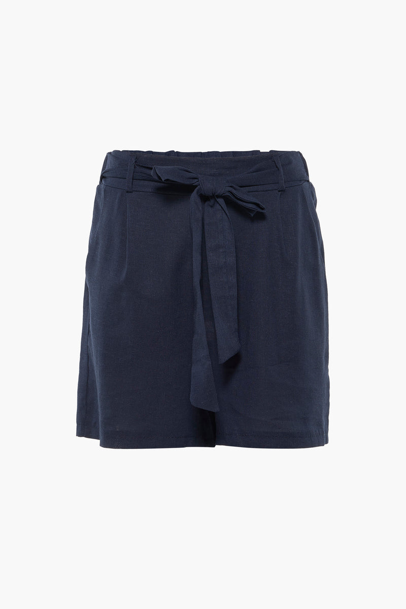 Navy blue cotton shorts with front tie waist and relaxed fit, front view