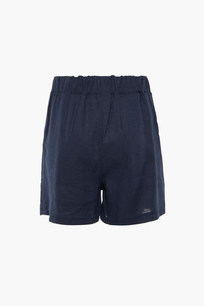 Navy blue cotton shorts with elastic waistband, relaxed fit, and subtle texture, front view.