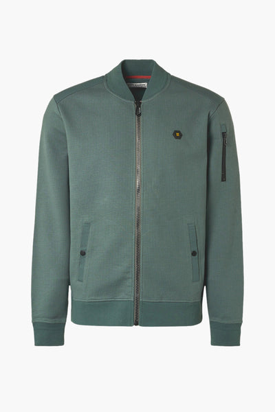 Green textured zip-front sweat gilet by No Excess with hex logo, side pockets, and sleeve zipper detail, front view